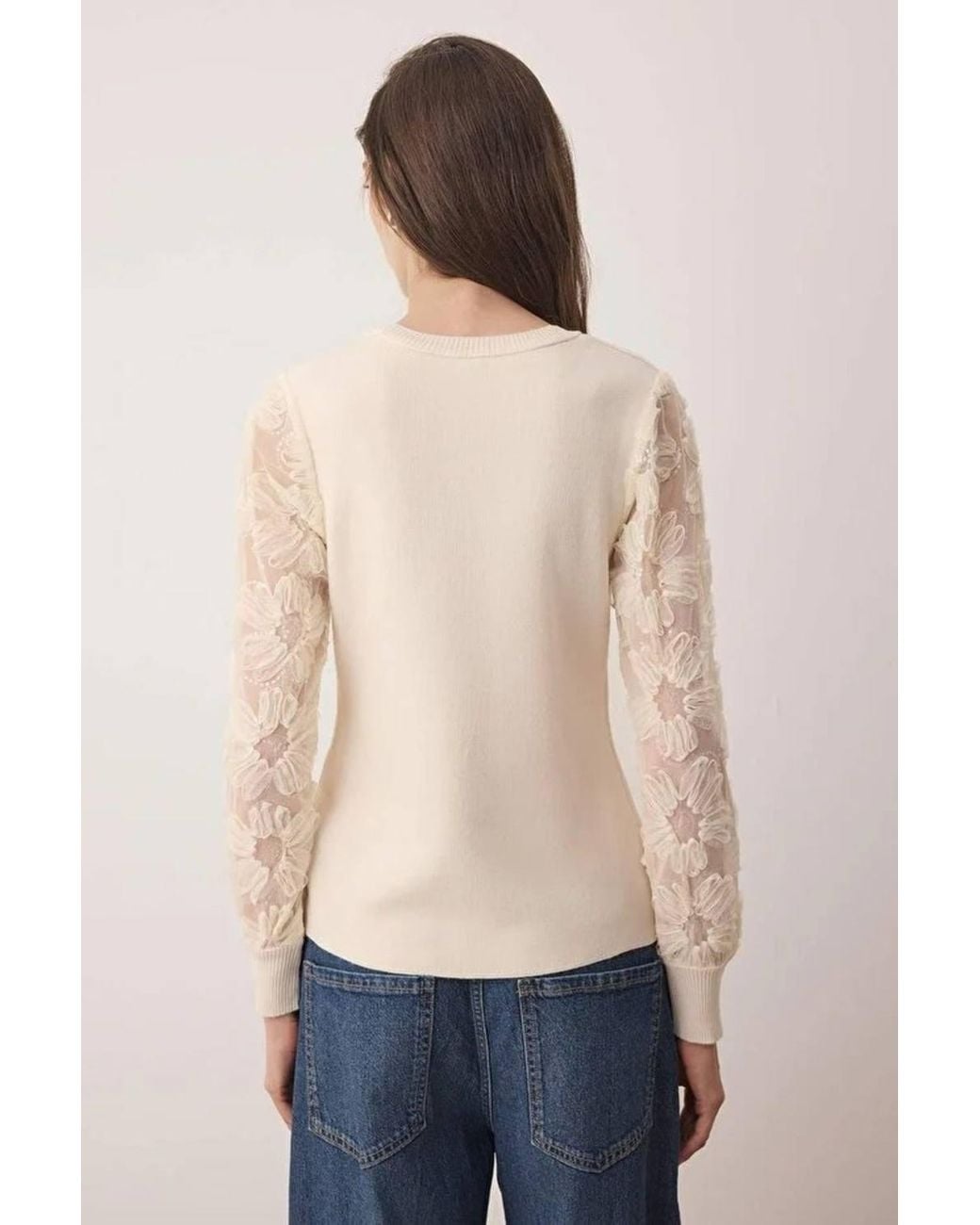 WOVCOR Natural Knitted Crew-Neck Sweater W/ Sheer Tulle Floral Sleeves