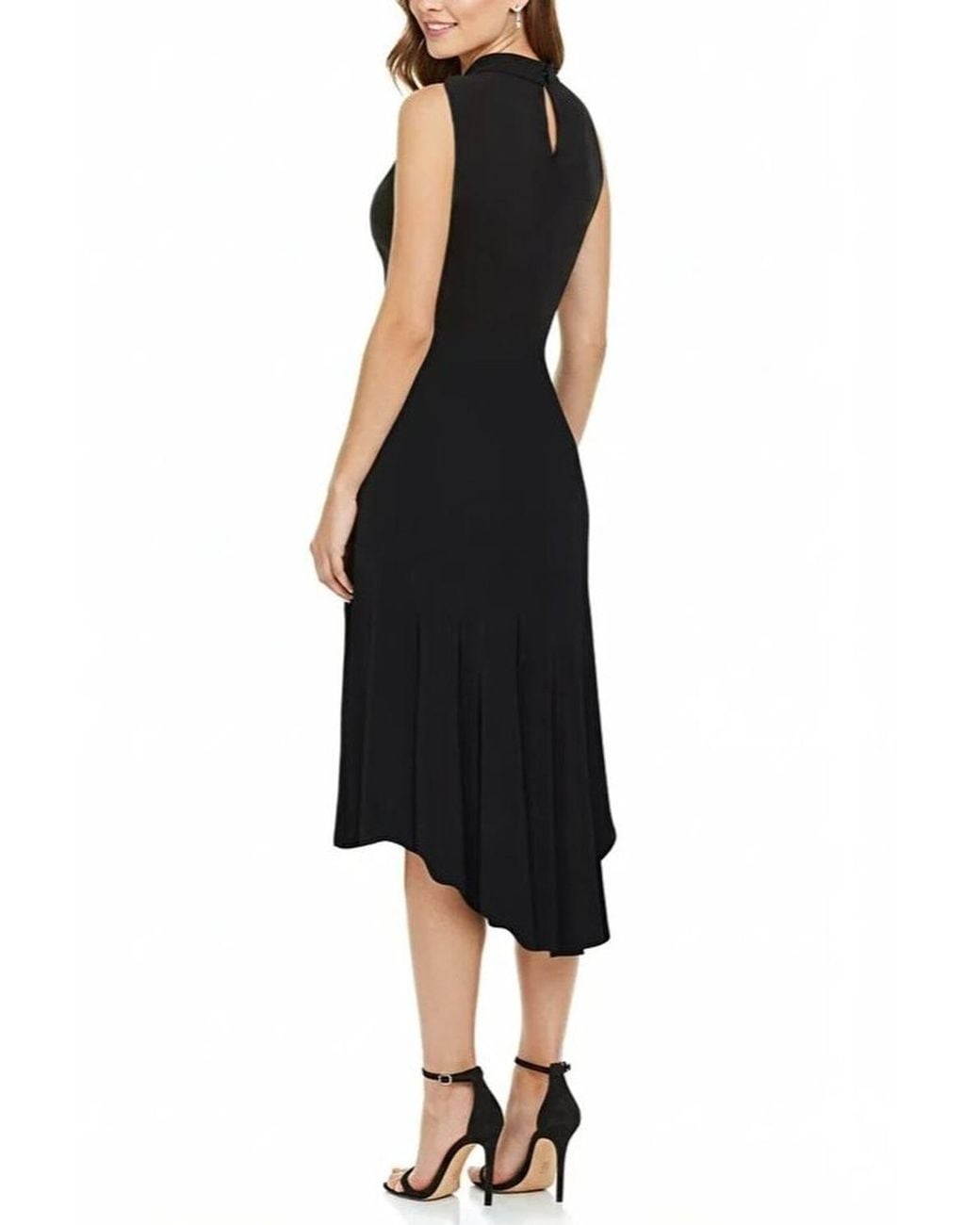 WOVCOR Black High Neck Sleeveless Ruched Waist Asymmetric Hem Dress