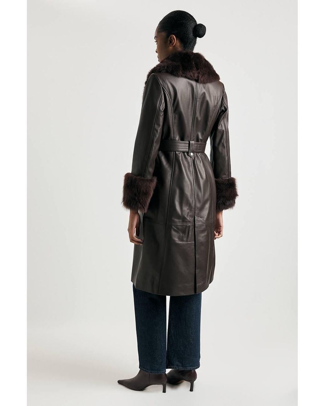 Karen Millen Brown Shearling Cuff & Collar Leather Coat