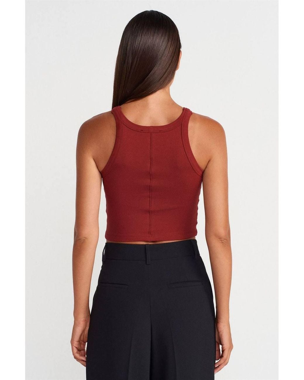 Dilvin Red Ribbed Cotton-Blend Sleeveless Crop Top