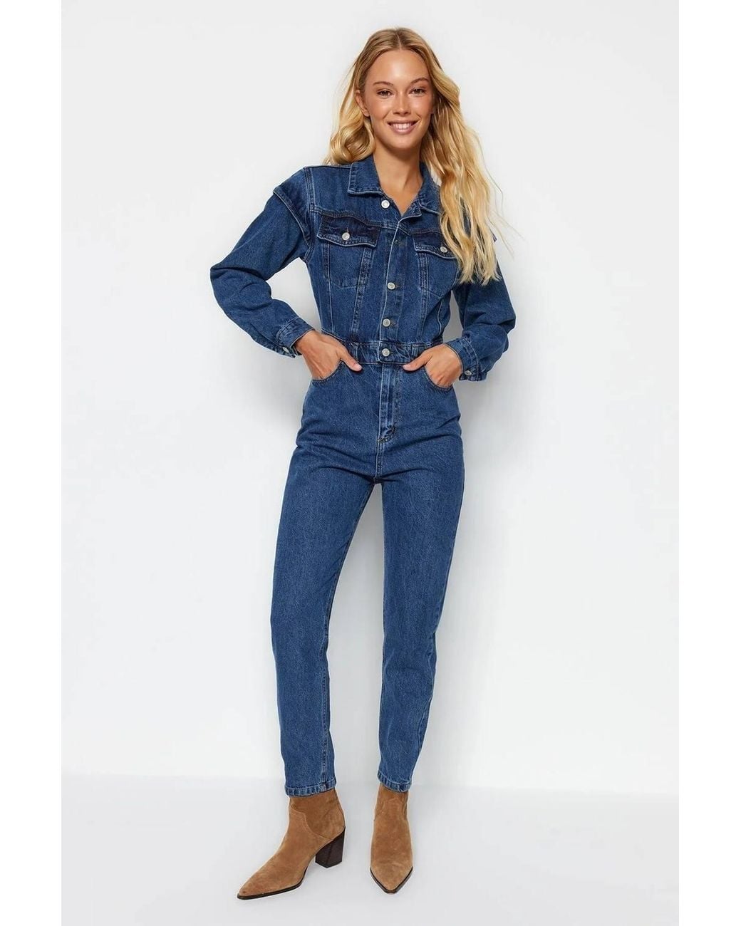 WOVCOR Blue Stitch Detail Collared Long Sleeve Tapered Denim Jumpsuit