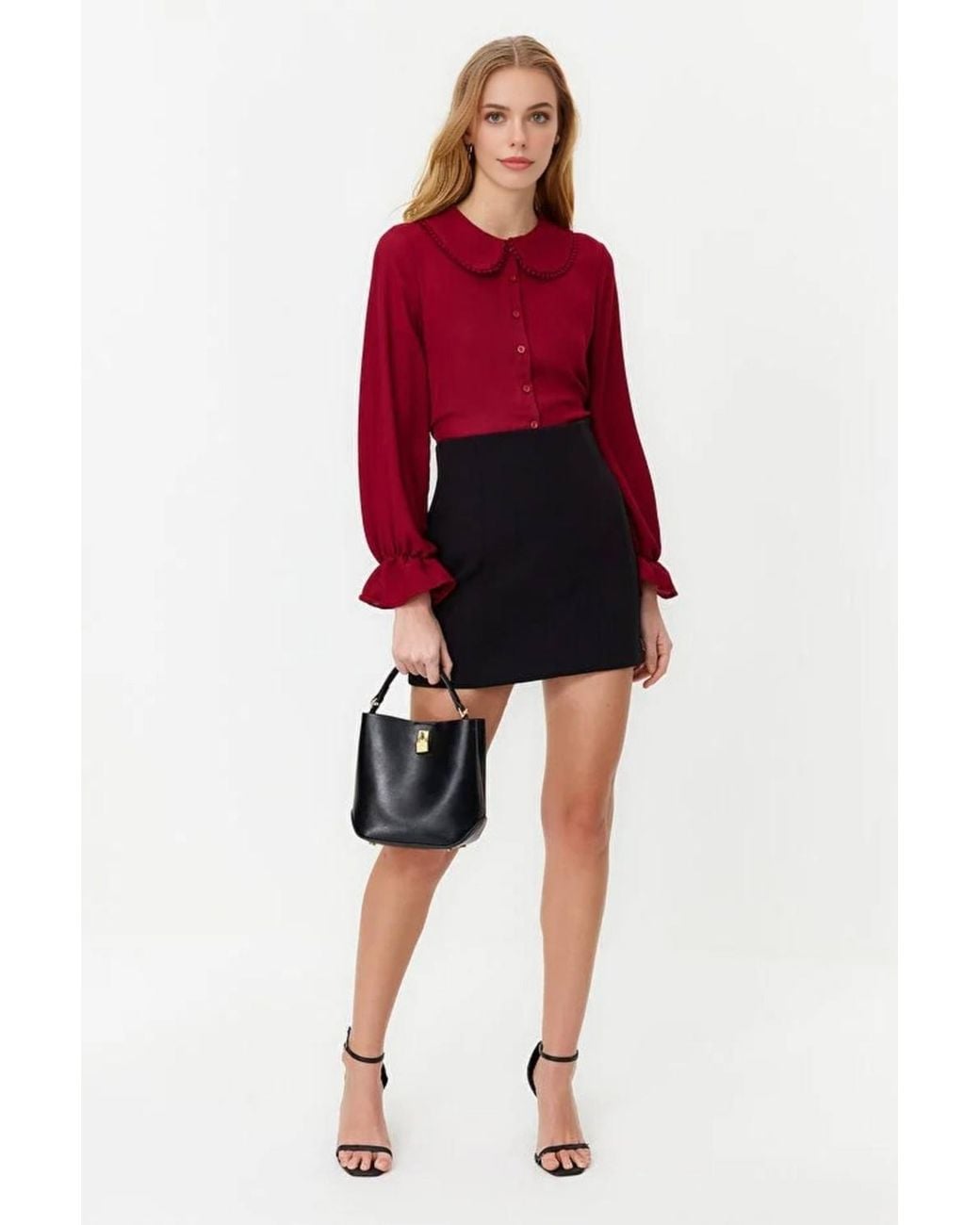 WOVCOR Red Woven Shirt W/ Baby-Collar & Balloon Sleeves