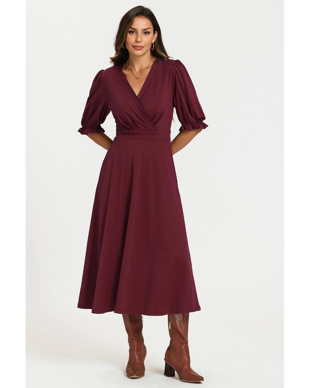 FS Collection Red Half Sleeves Jersey Midi Dress With Wrap Neckline