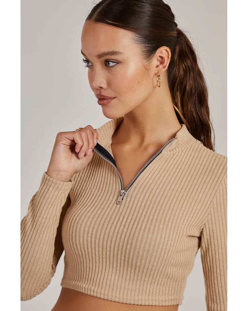 Pink Vanilla Brown Chunky Brushed Rib Zip Up Top