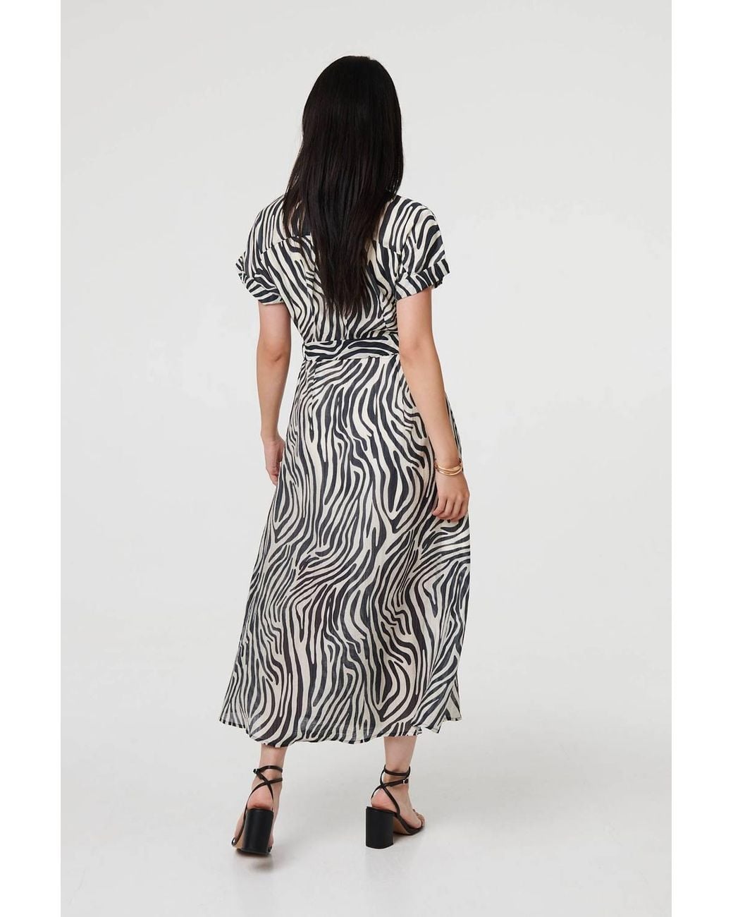 Izabel London Black Zebra Print Tie Waist Midi Shirt Dress