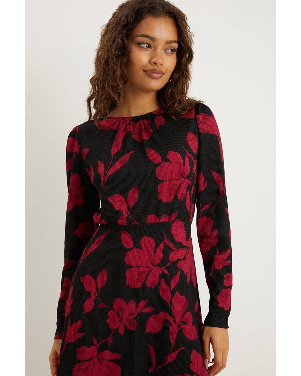 Dorothy Perkins Red Petite Floral Puff Sleeve Fit And Flare Mini Dress