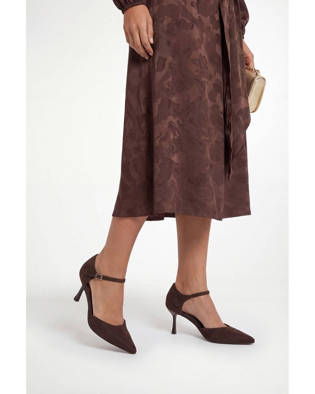 Wallis Brown Lydia Faux Suede Ankle Strap Medium Stiletto Heel Court Shoes
