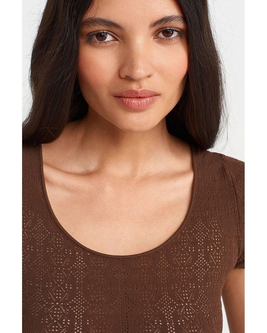 Dilvin Brown Slim Fit Ribbed Textured Blouse