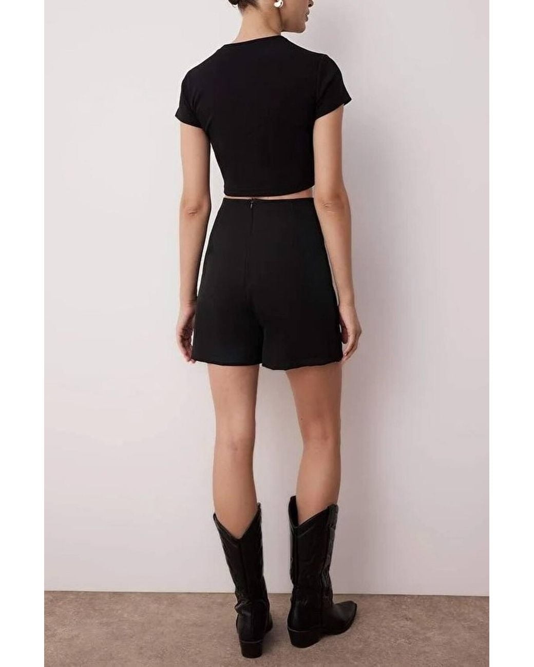 WOVCOR Black Woven Mini Skort W/ Asymmetric Overlay & Zip Detail