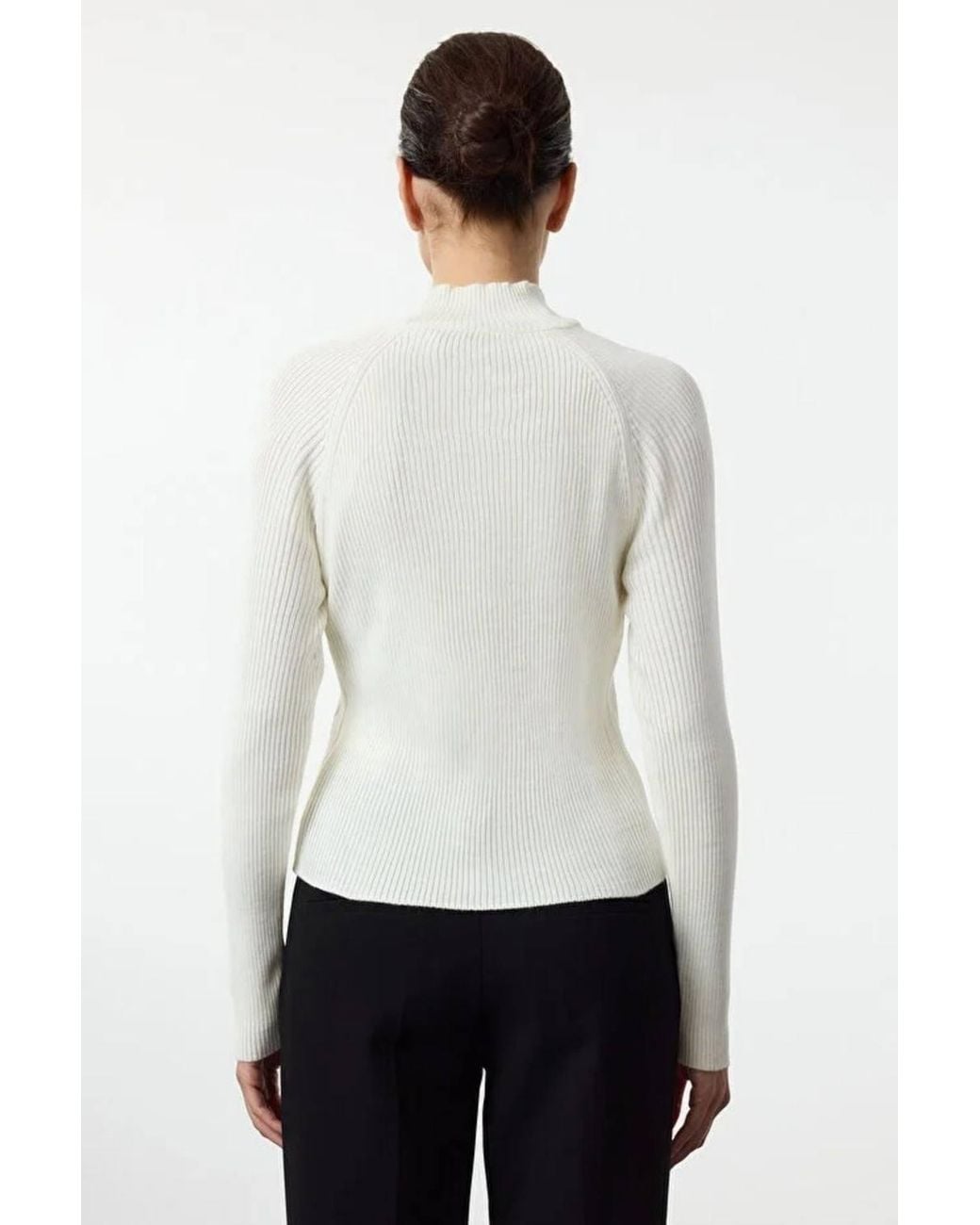 WOVCOR White Stand-Up Collar Slim Rib Knit Sweater W/ Button Detail