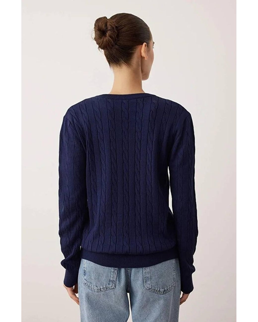WOVCOR Blue Embroidered Motif V-Neck Cable Knit Jumper