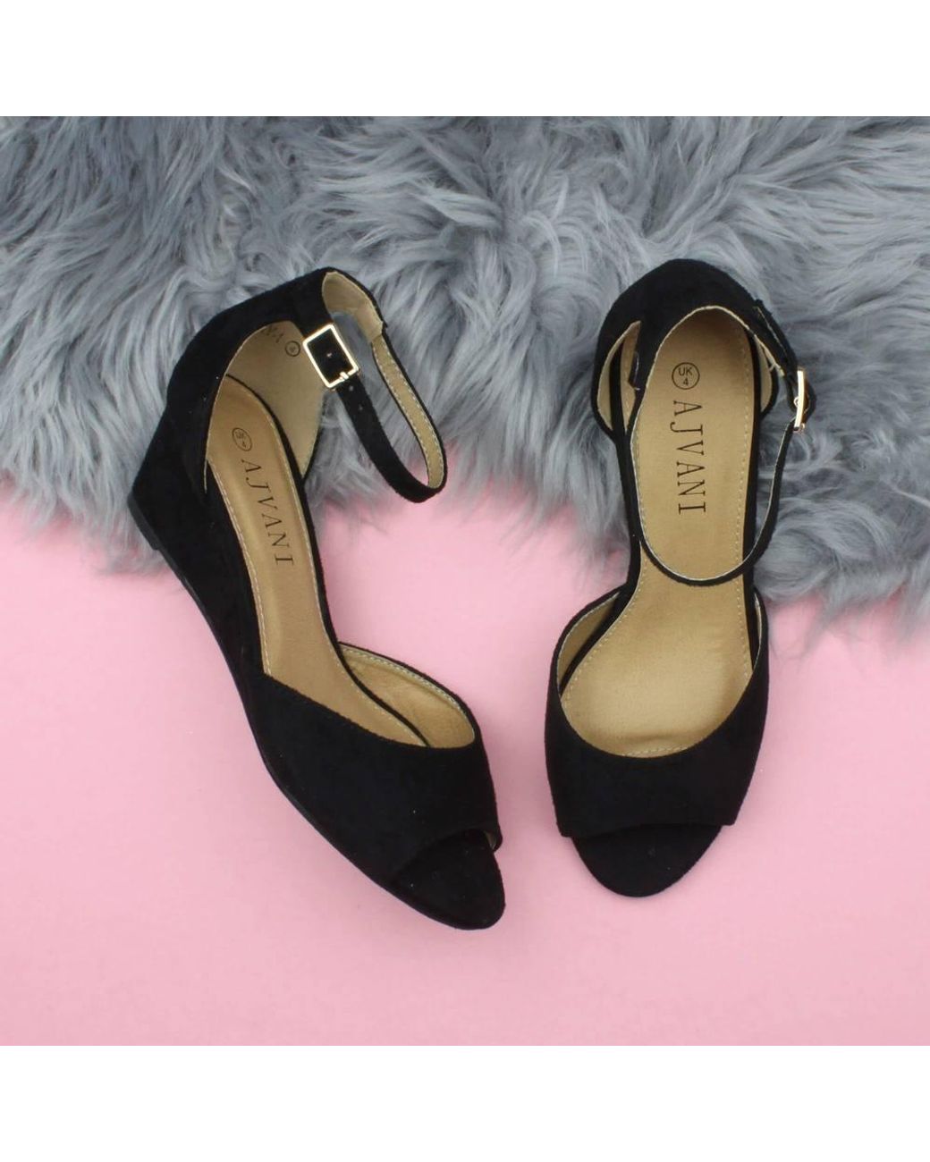 AJVANI Black Mid Wedge Heel Ankle Strap Sandals