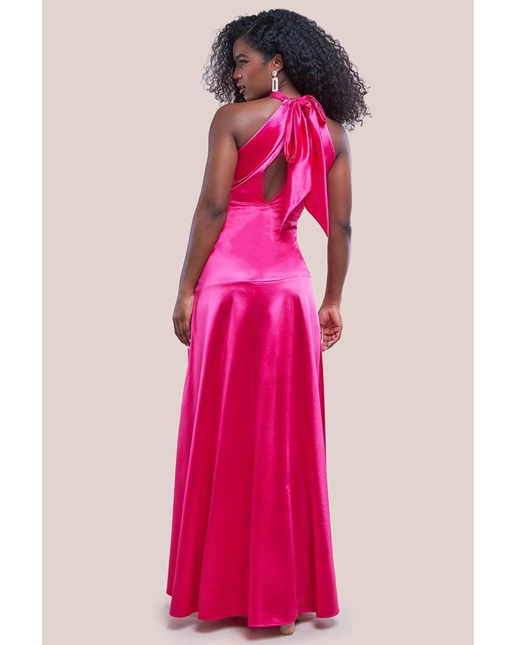 Goddiva Pink Halter Neck Front Split Satin Maxi Dress