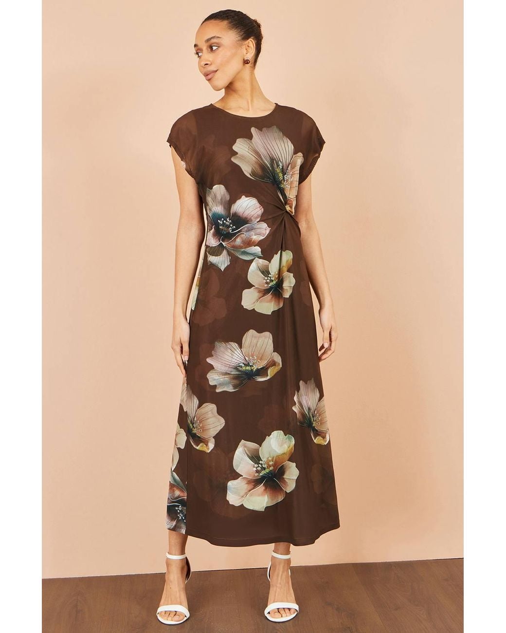 Yumi' Natural Mesh Floral Midi Dress