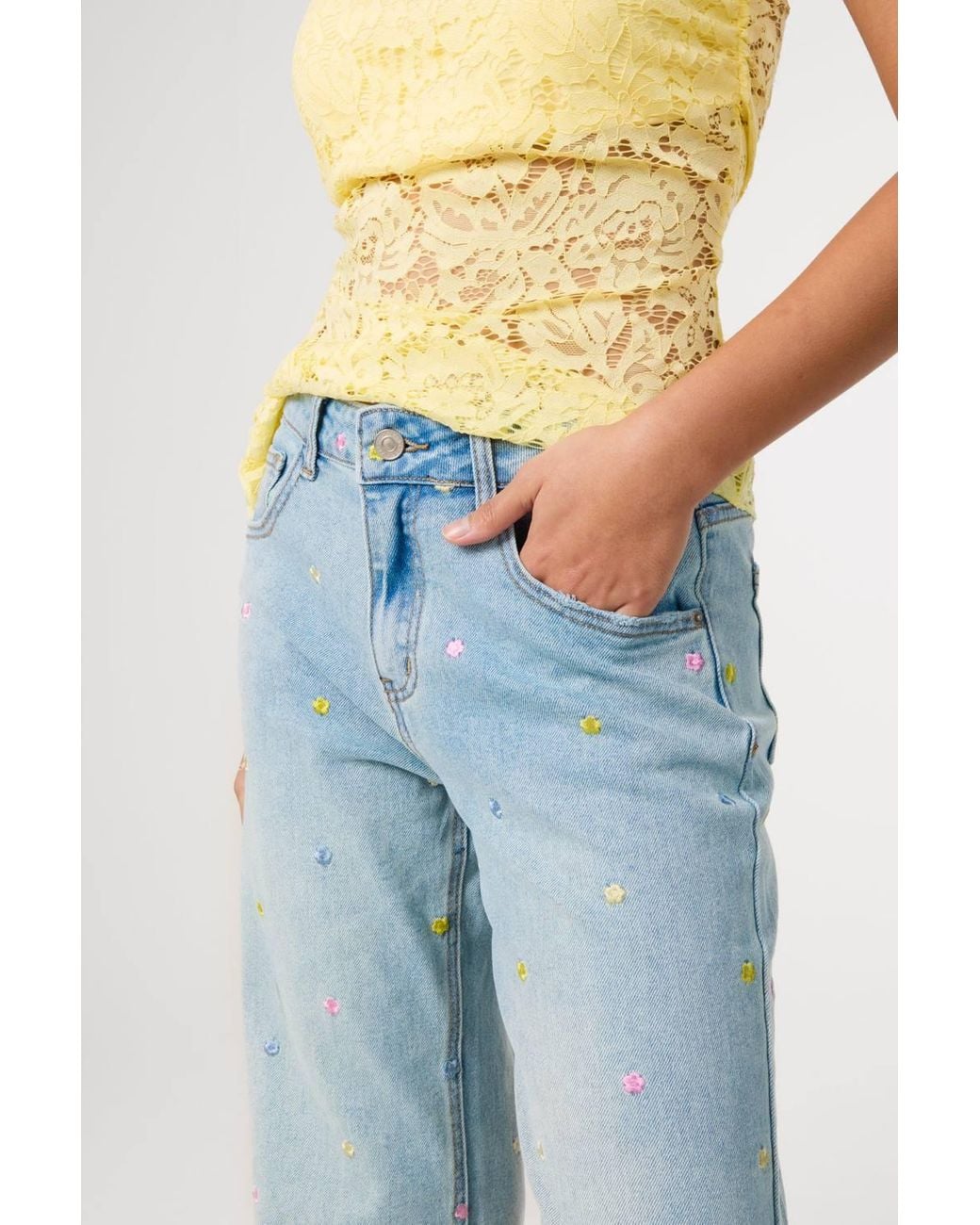 Pink Vanilla Blue Allover Embroidered Flower Wide Leg Jeans