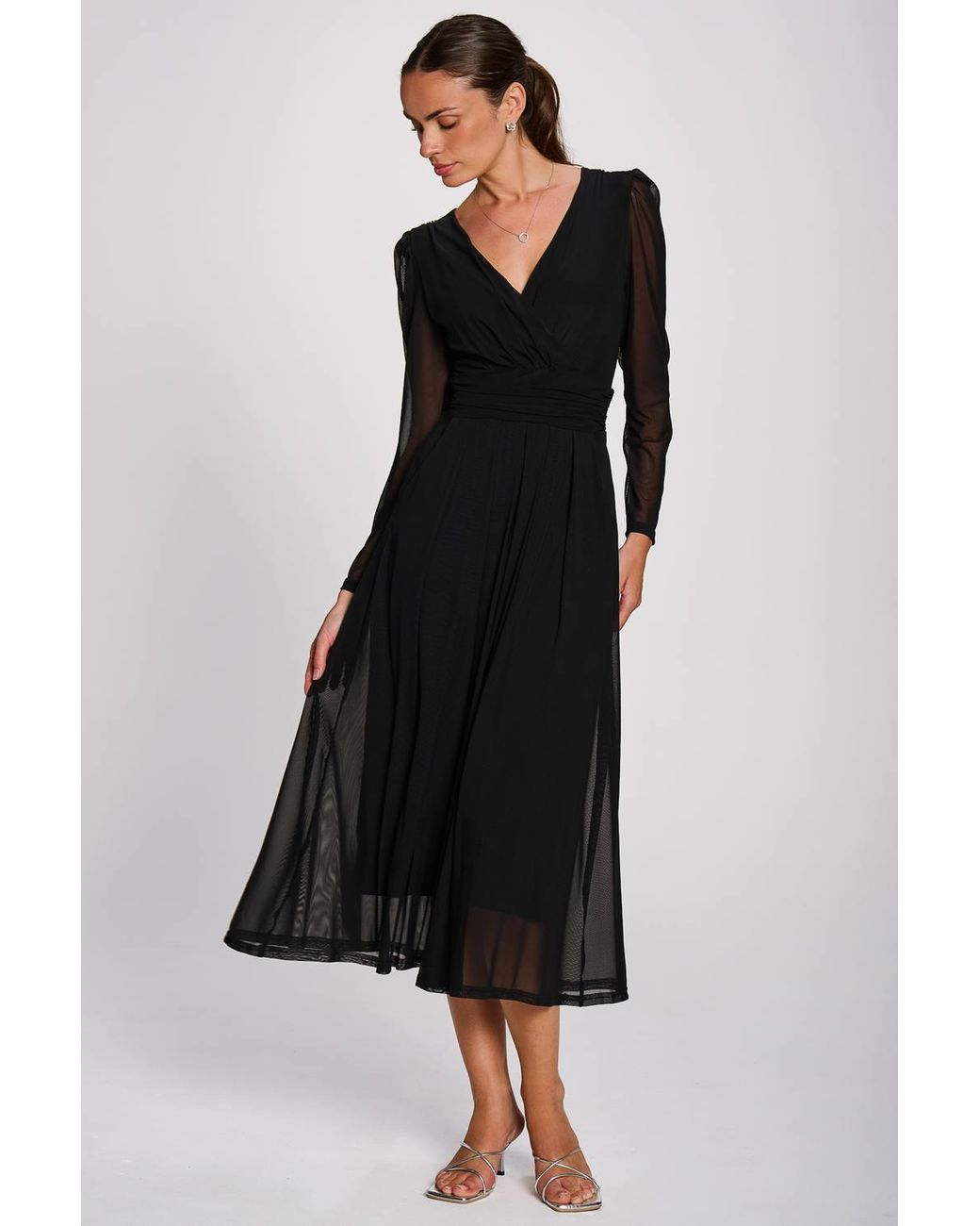 Jolie Moi Black Mesh Long Sleeve Pleated Maxi Dress