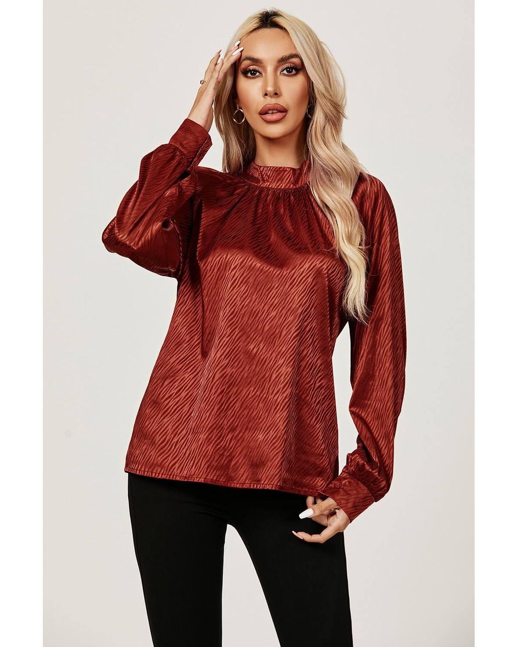 FS Collection Red High Neck Back Cut Detail Satin Blouse Top