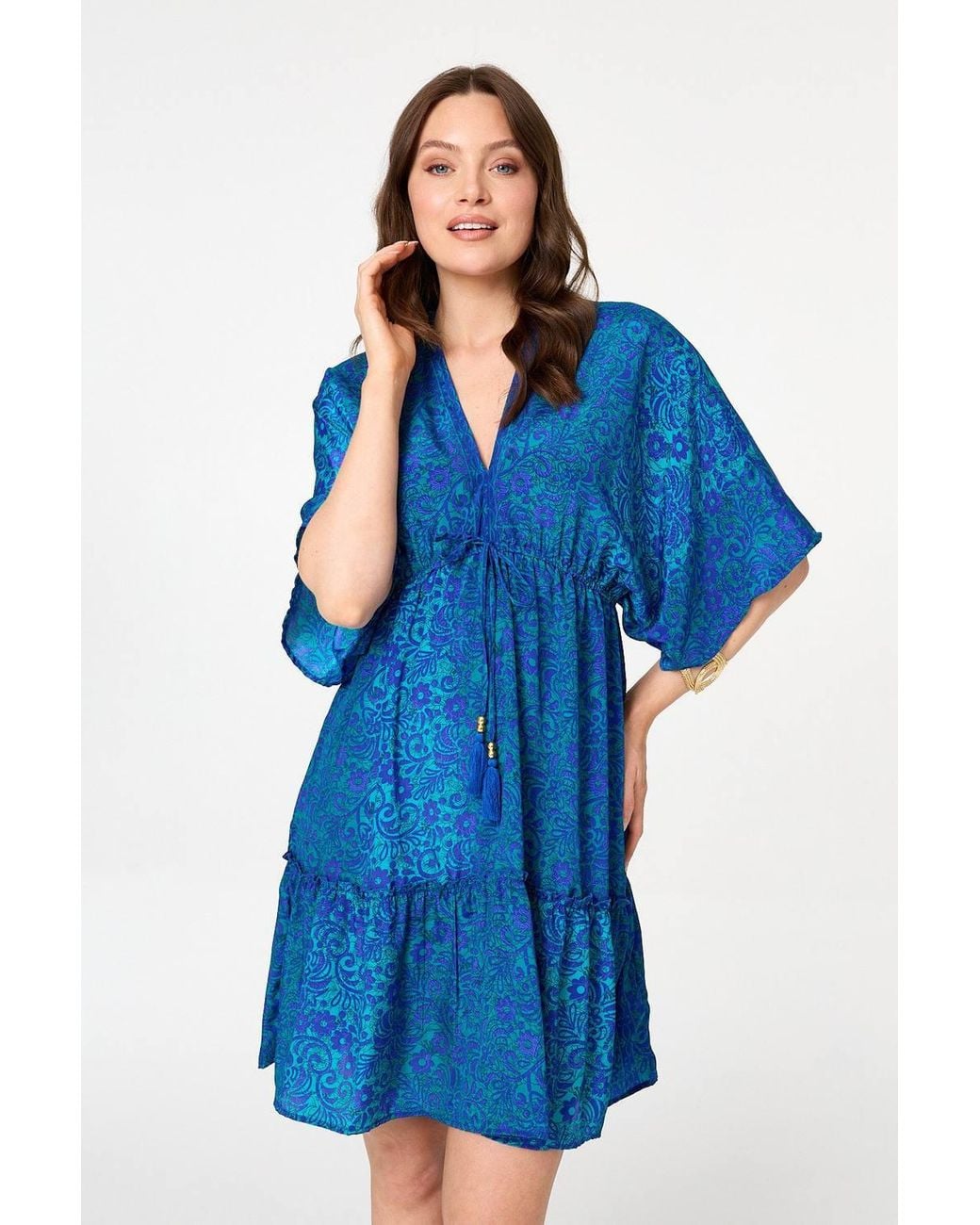 Izabel London Blue Paisley 3/4 Sleeve Relaxed Short Dress