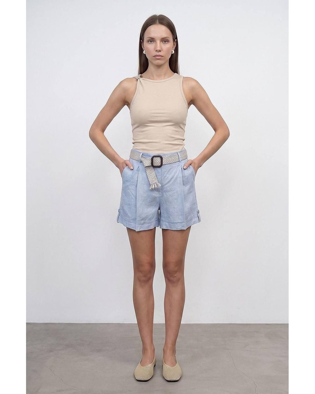 Dilvin Blue Linen High-Waist Tailored Shorts