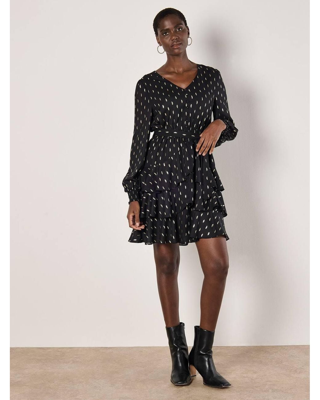 Apricot Black Foil Spot Tiered Mini Dress
