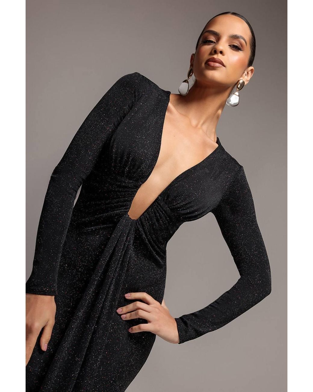 Goddiva Black Plunge Neck Long Sleeve Front Draped Lurex Maxi Dress