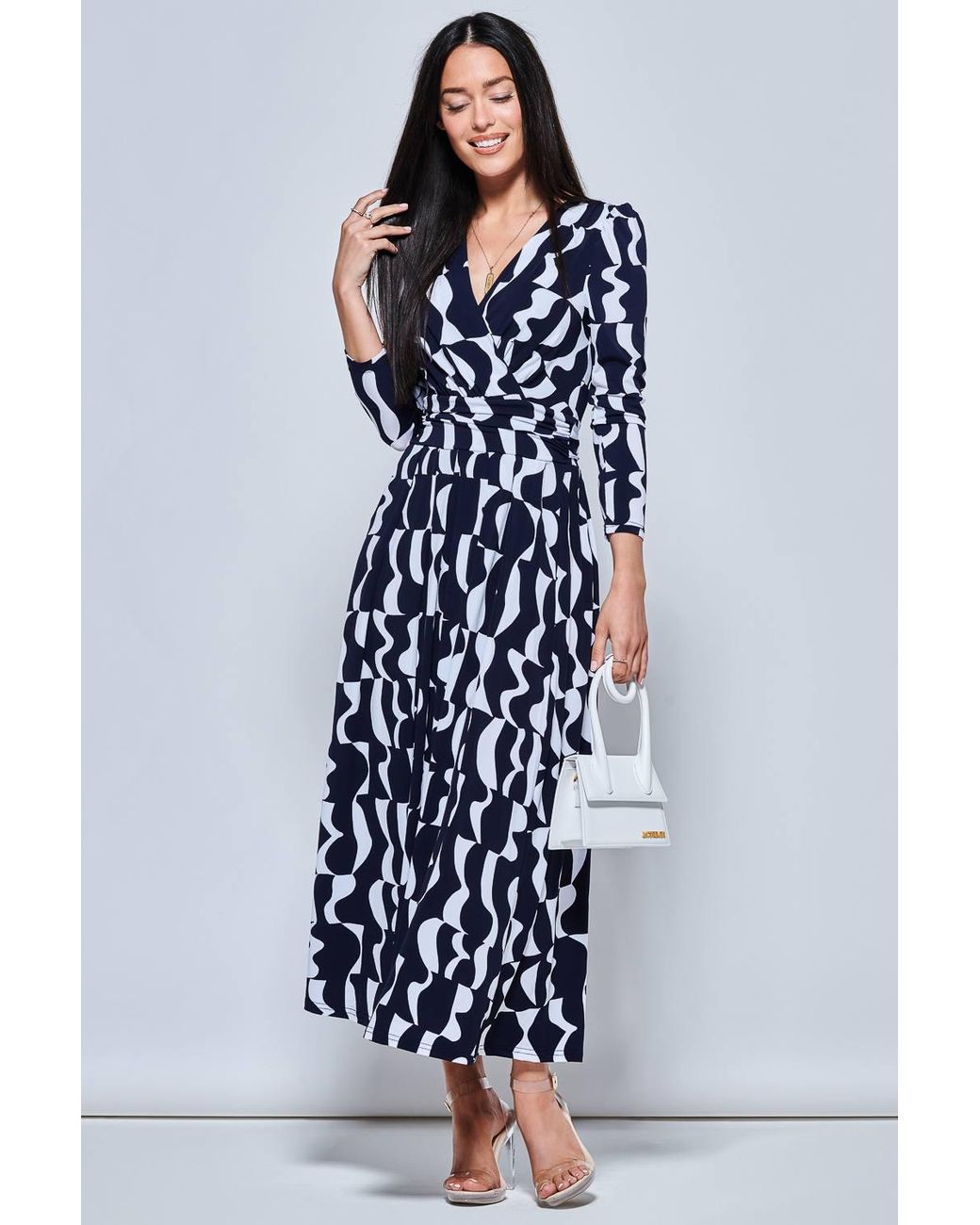 Jolie Moi Blue Geometric Print Long Sleeve Maxi Dress