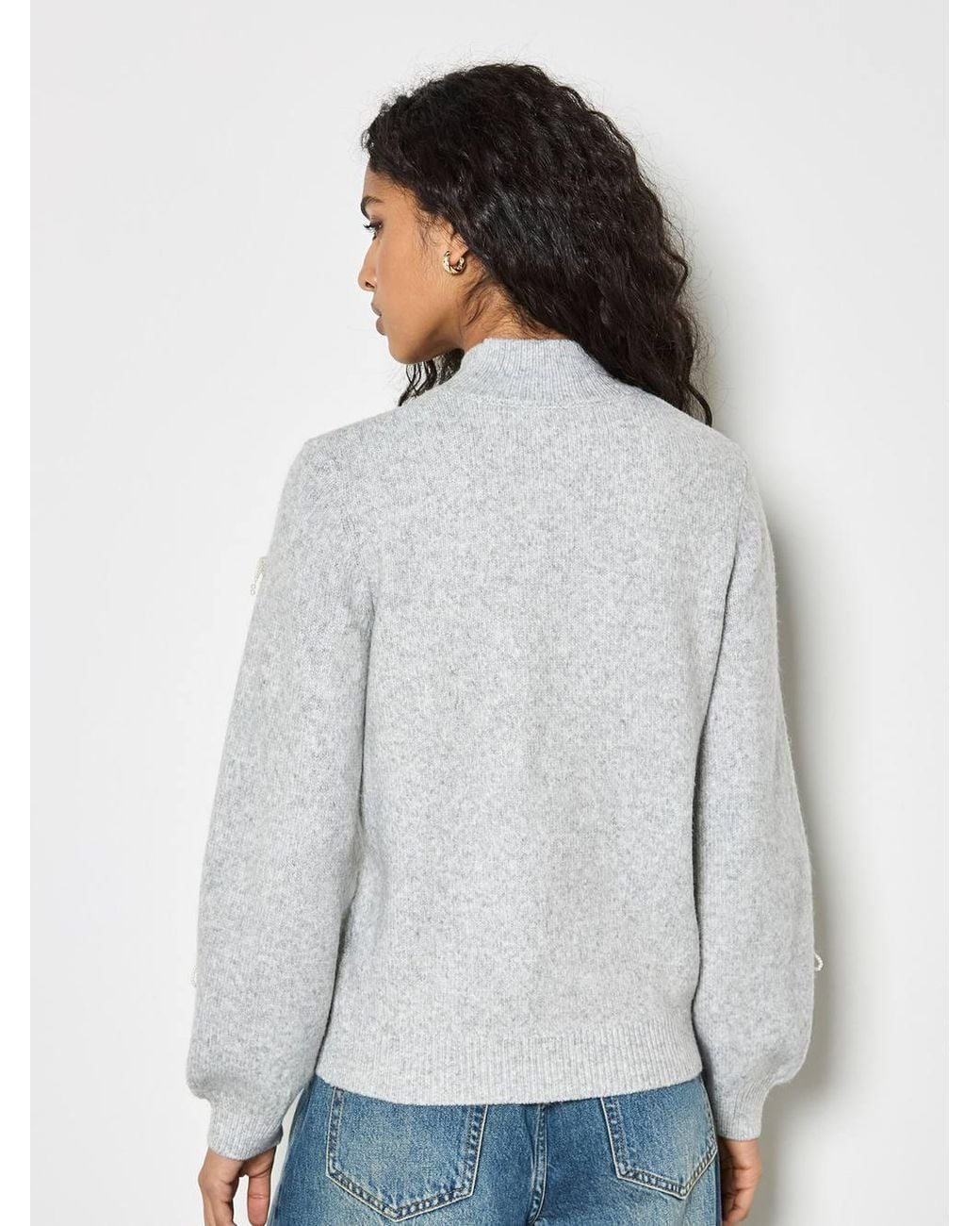 Apricot Gray Faux Pearl Bow Embellished Jumper