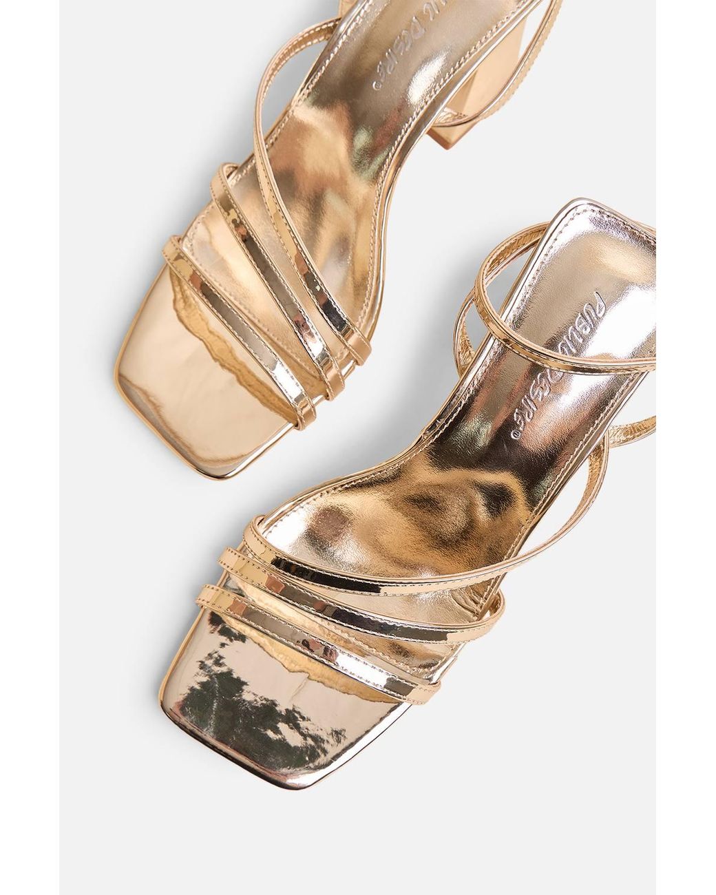 Public Desire Metallic Robin Strappy Square Toe Mid Block Heels