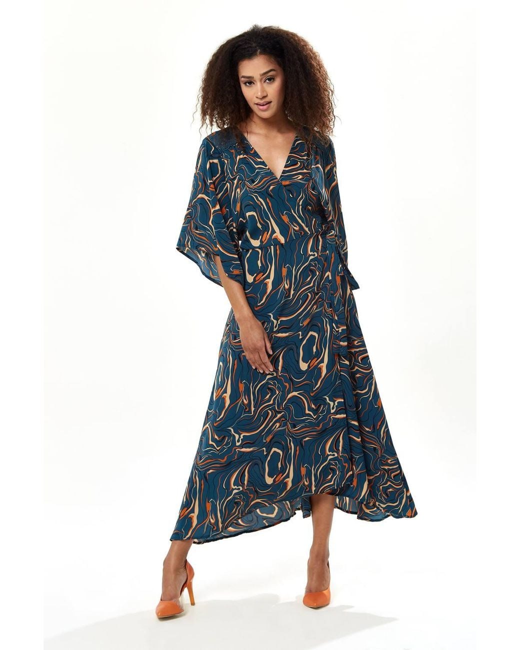 Liquorish Blue Scribble Print Maxi Wrap Dress W/ Kimono Sleeves