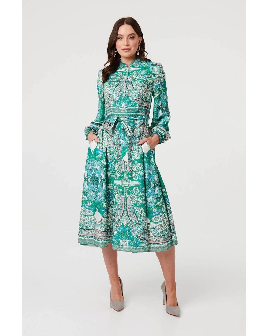 Izabel London Green Printed Long Sleeve Tie Midi Dress