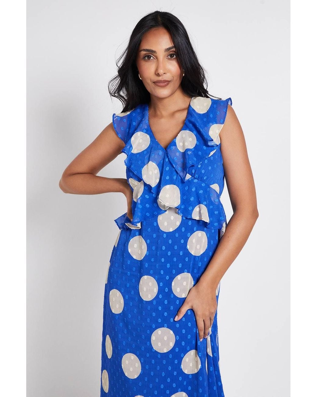 Wallis Blue Petite Polka Dot Dobby Ruffle Midi Dress