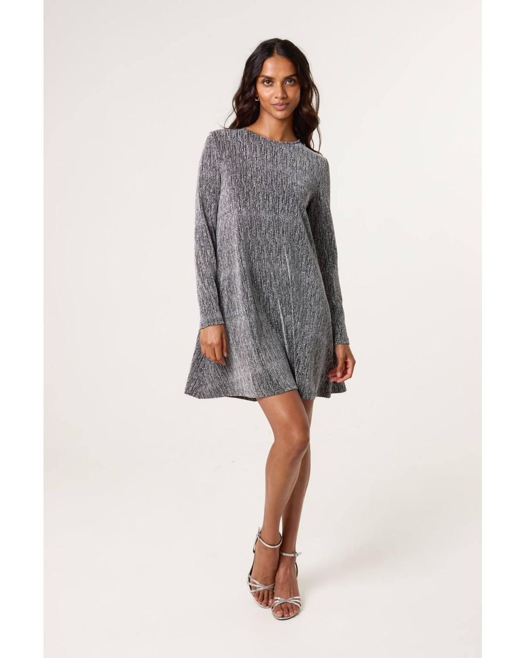 Blue Vanilla Gray Long Sleeve Slip On Round Neck Mini Dress