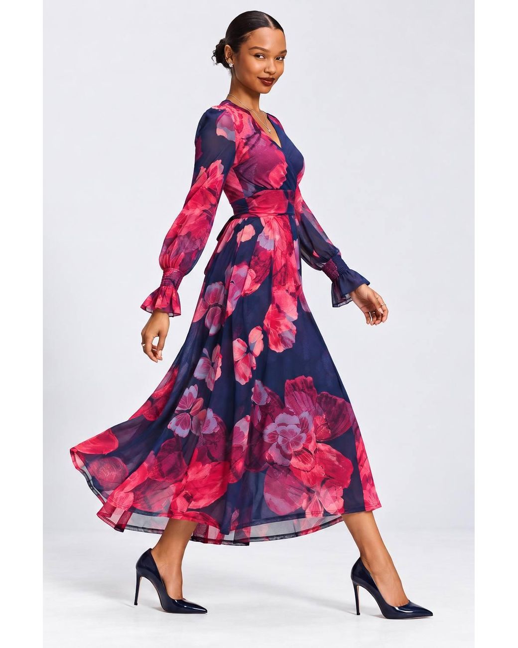 Jolie Moi Red Long Sleeve V Neck Mesh Maxi Dress