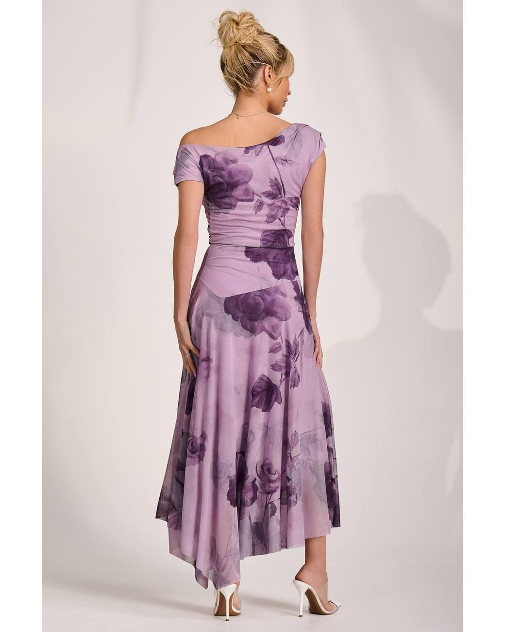 Jolie Moi Pink Asymmetrical Draped Mesh Maxi Dress