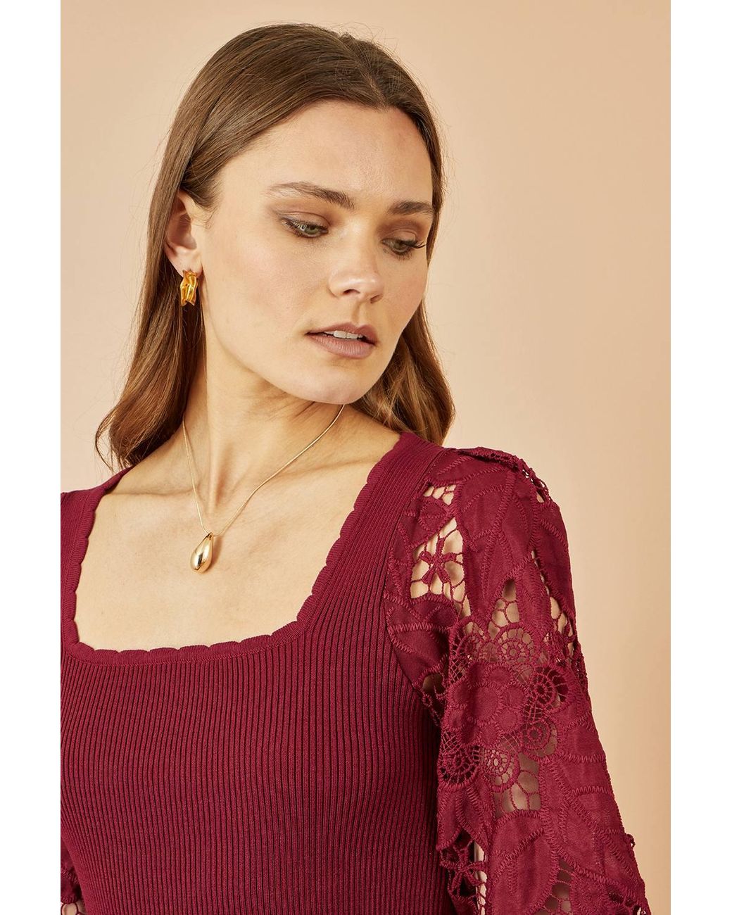 Yumi' Red Ribbed Knitted Top W/ Lace Sleeves