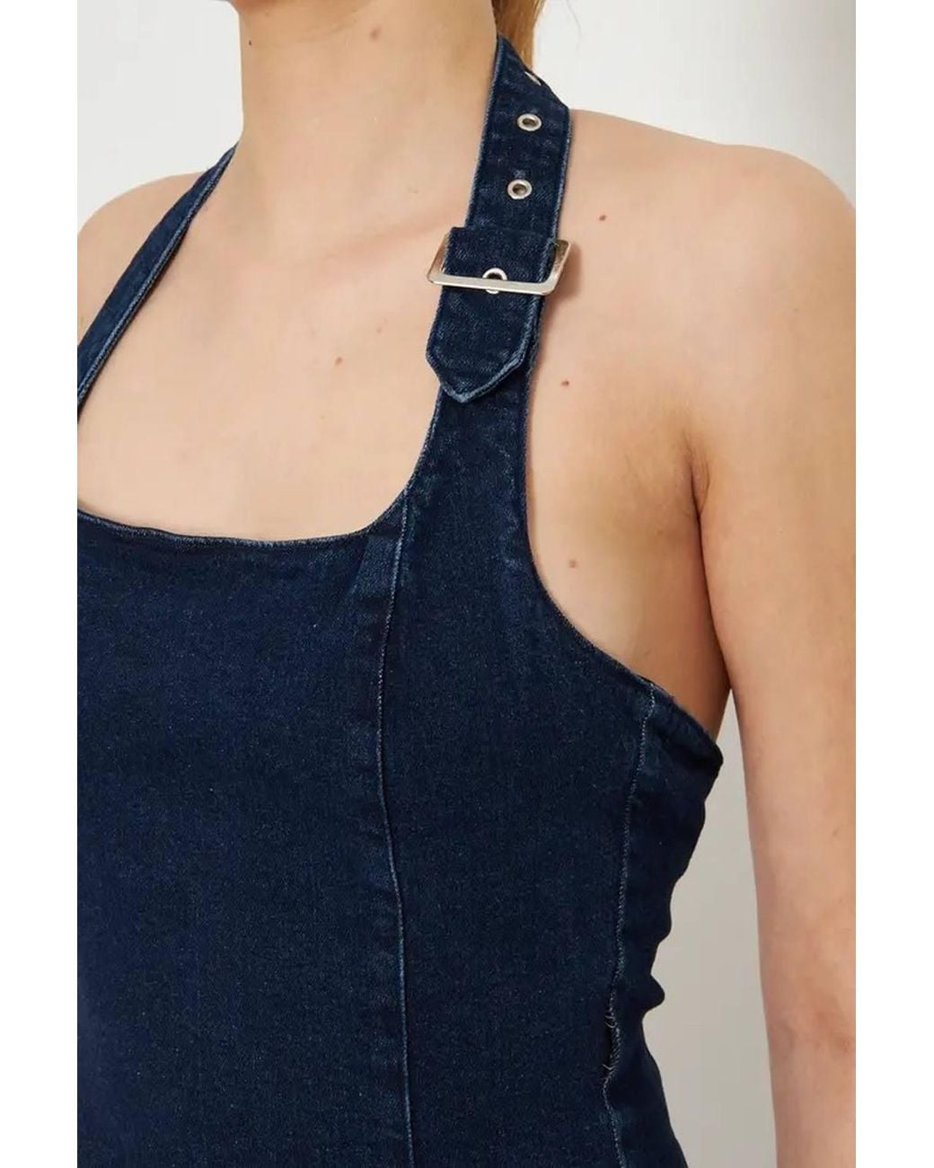 WOVCOR Blue Sleeveless Denim Halter Top W/ Buckle Strap Detail