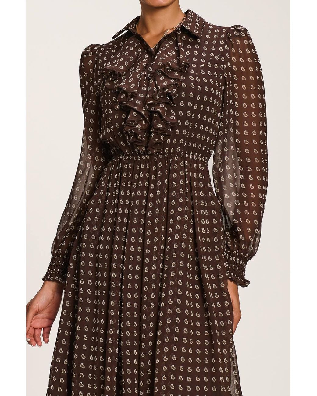 Jolie Moi Brown Chiffon Print Ruffled Shirt Dress