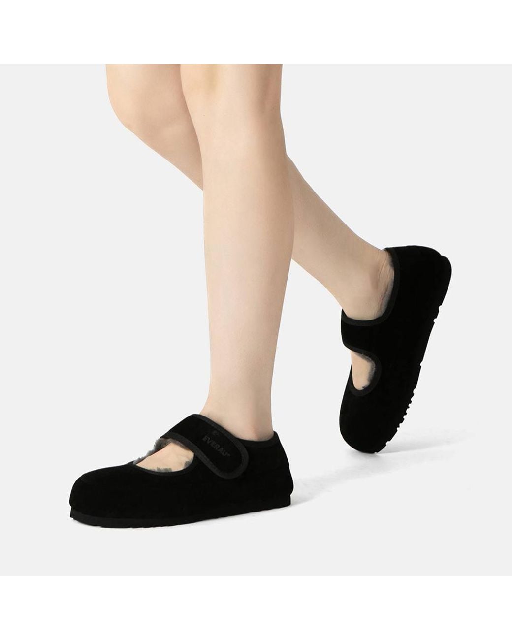 EverAu Australia Black Real Sheepskin Adjustable Strap Sheepskin Slippers W/ Eva Sole
