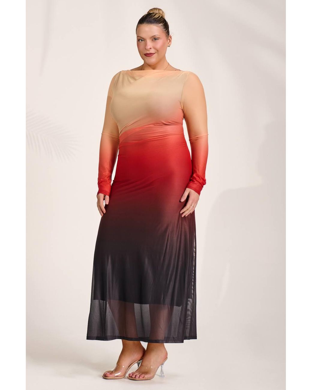 Jolie Moi Red Long Sleeve Slash Neck Mesh Maxi Dress