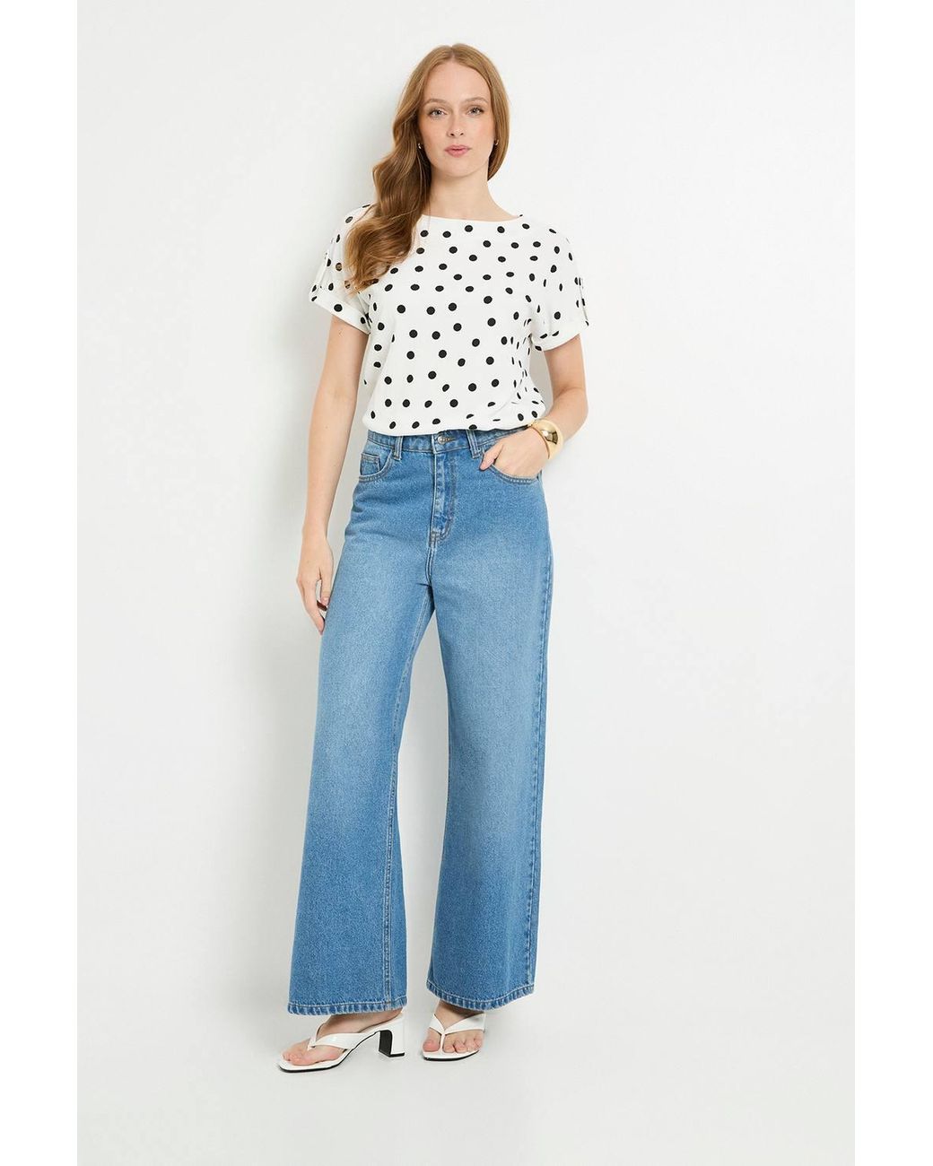 Wallis White Spot Jersey Roll Sleeve Button T-Shirt