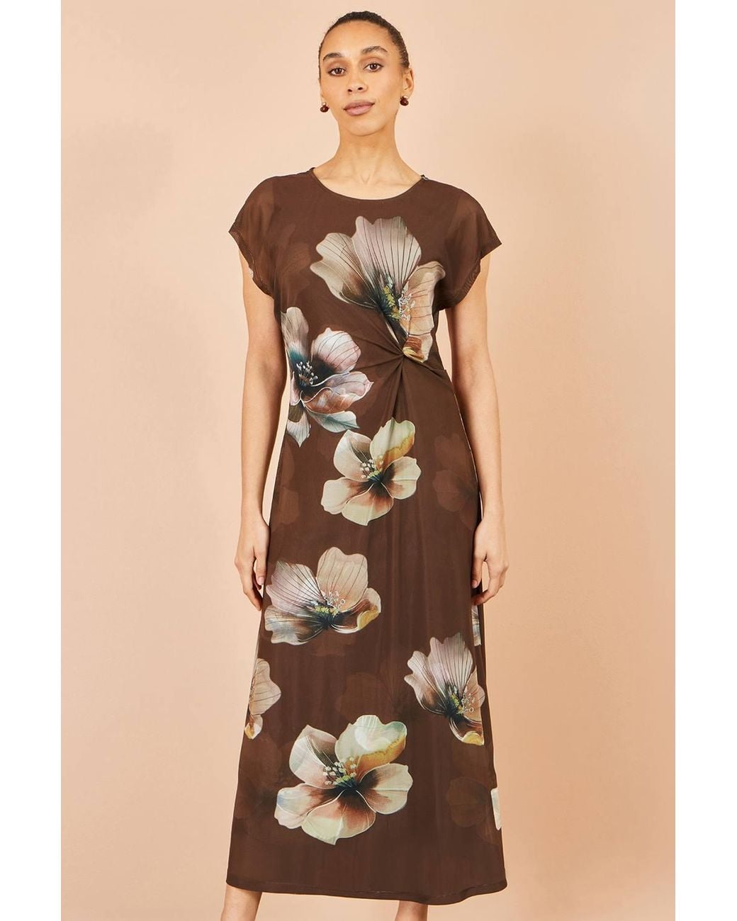 Yumi' Natural Mesh Floral Midi Dress