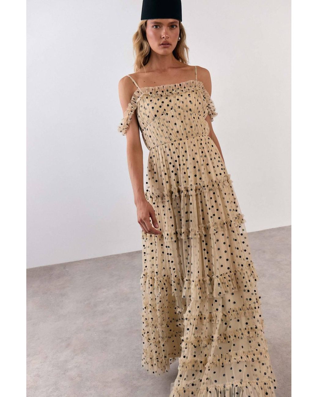 Warehouse Natural Bardot Gathered Seam Detail Tulle Maxi Dress