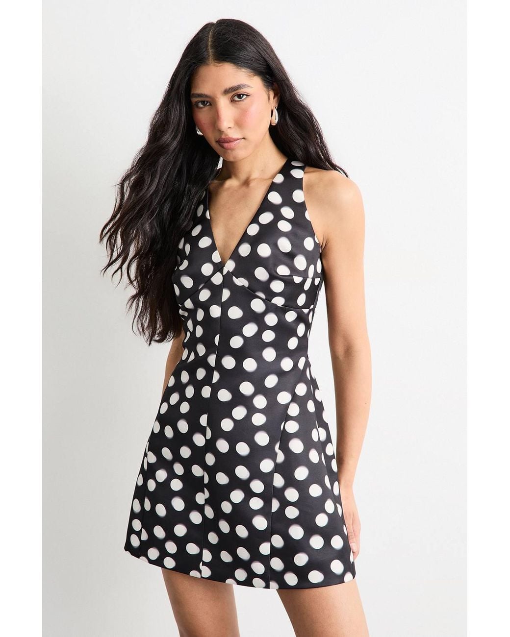 Warehouse Black Satin Structured Polka Dot Print Mini Dress