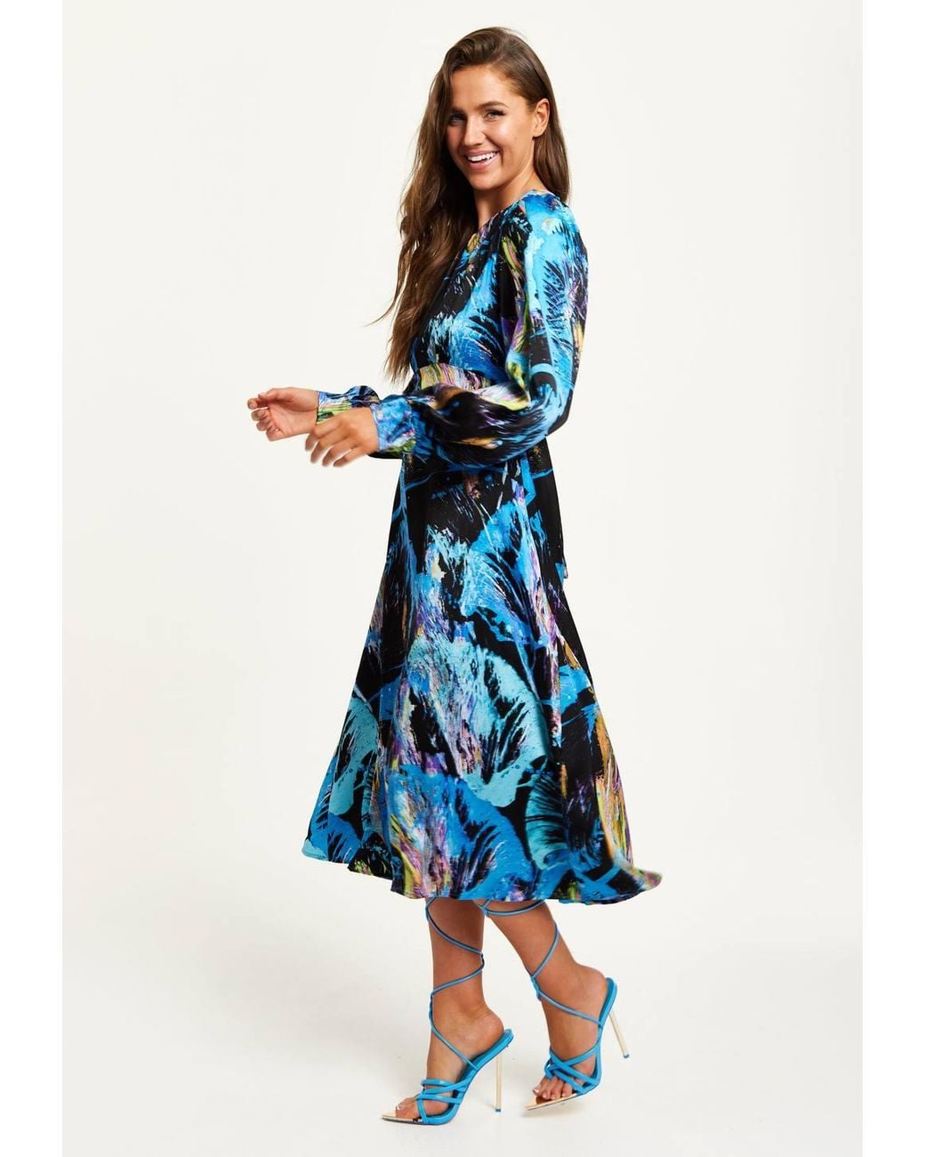 Liquorish Blue Multicolour Abstract Print Midi Dress W/ Long Sleeves & Tie Waist