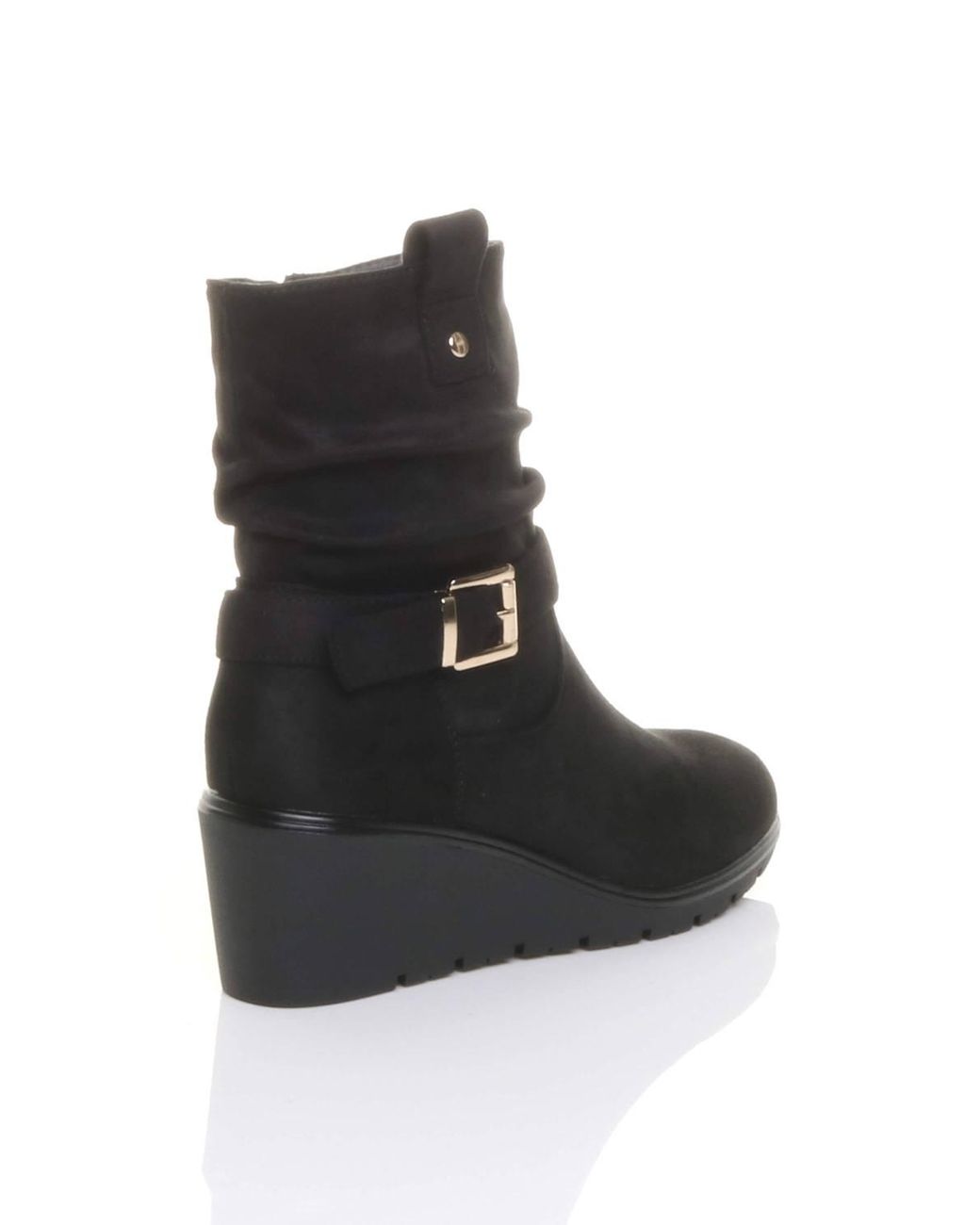 AJVANI Black Mid Wedge Heel Buckle Ankle Boots