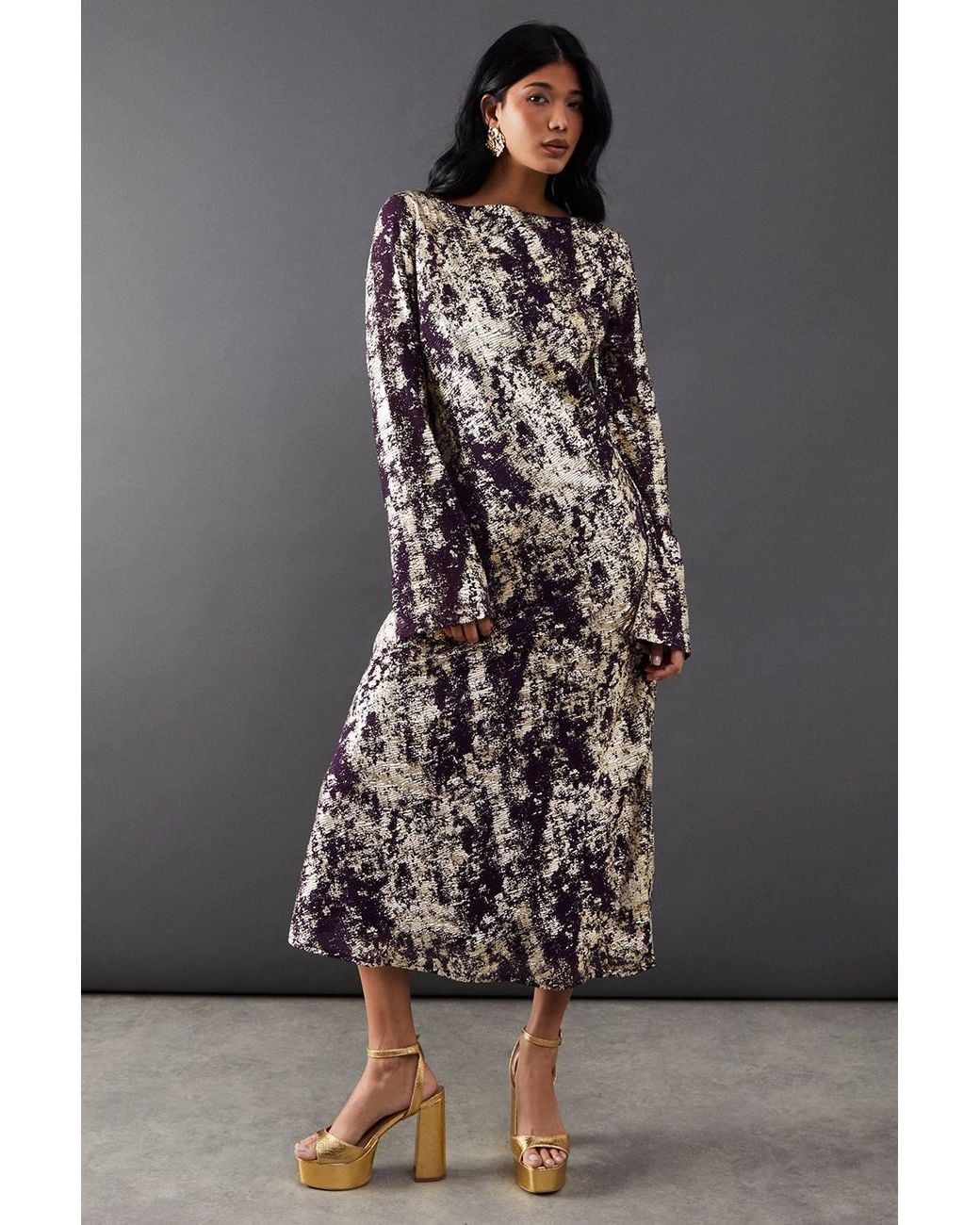 Warehouse Gray Metallic Chiffon Slash Neck Bias Midi Dress