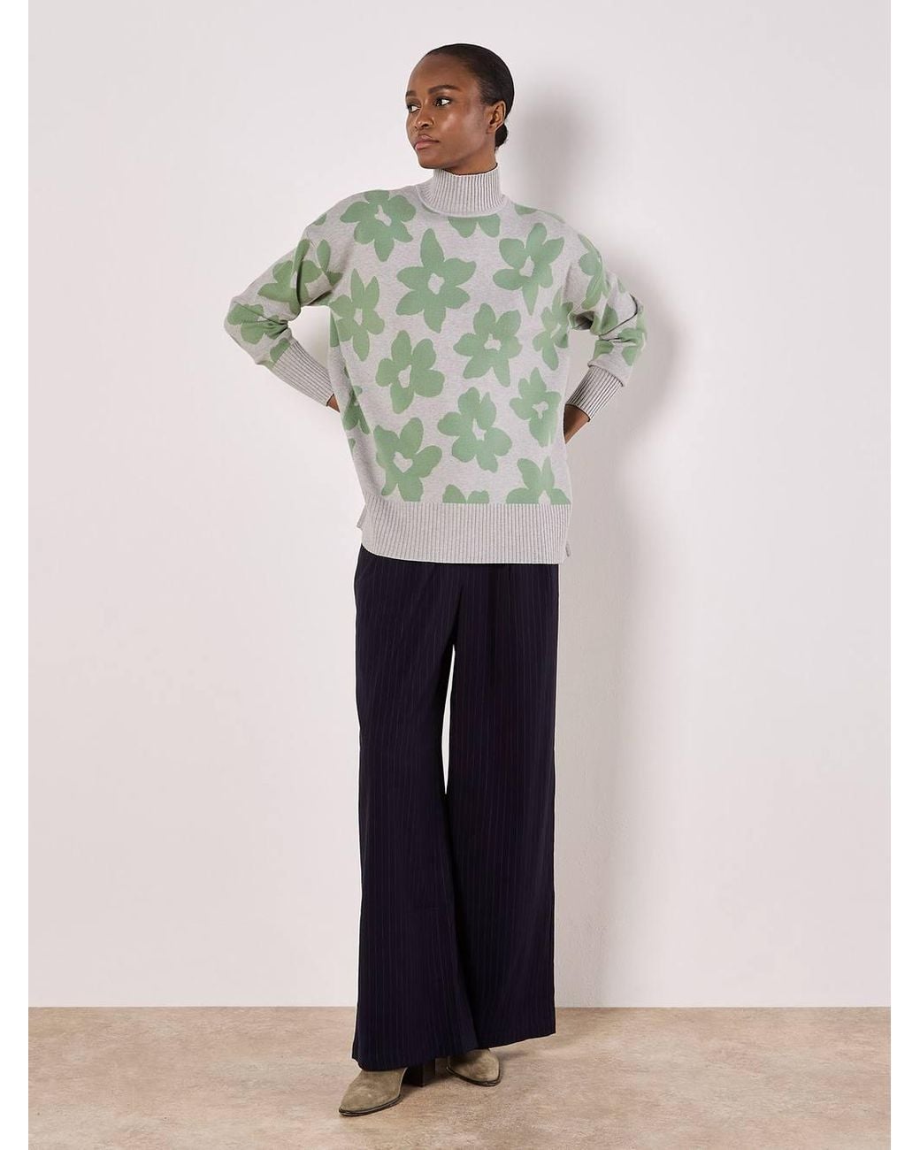 Apricot Green Flower Oversized Mock Neck Jumper
