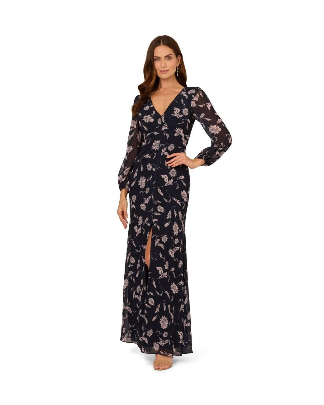 Adrianna Papell Black Print Chiffon Long Dress