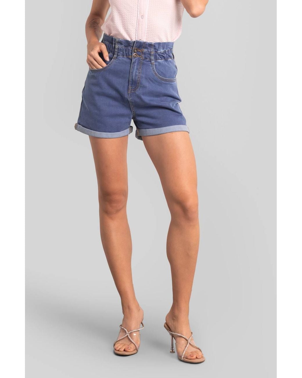 Enorsia Blue Denim Paperbag Waist Folded Hem Shorts