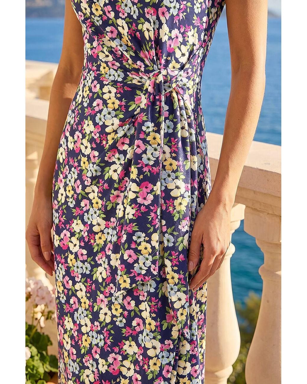 Roman Blue Petite Floral Side Tie Midi Dress